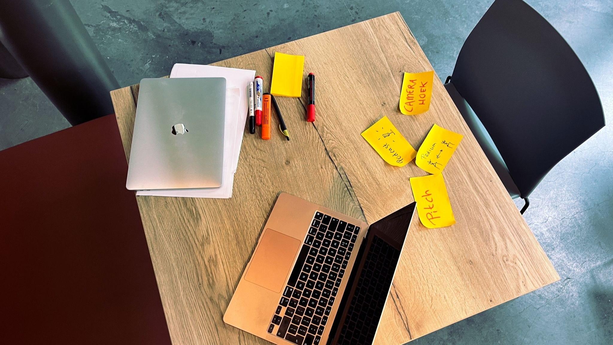 Voorbereiding van een incompanytraject: planning op sticky notes voor camera, podcast, podium en pitch